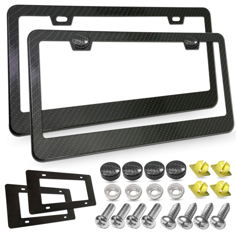 YoUoY Carbon Fiber License Plate Frame- Black Aluminum Auto Car Tag Cover, 2 Pack Heavy Duty Holder for US Front and Rear Plate, with Mounting Hardware Kit- Screws Bolts, Inserts, Caps, Rattle Proof Pads - Image 1